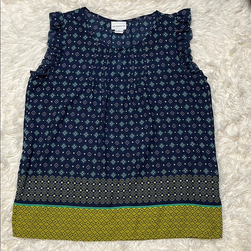☀️Liz Claiborne Blue and Yellow Ruffled Sleeveless Blouse